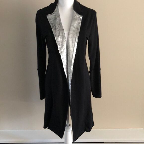 Terez Black & Silver Velvet Lapel Duster Long Sweatshirt/Jacket - Picture 1 of 7